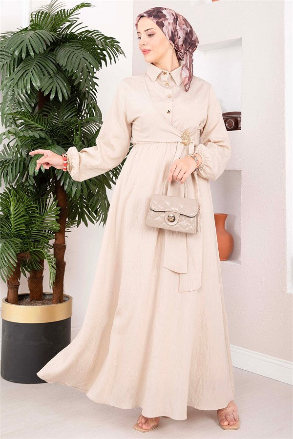 Beige Side-Tie Hijab Dress with Gold Brooch