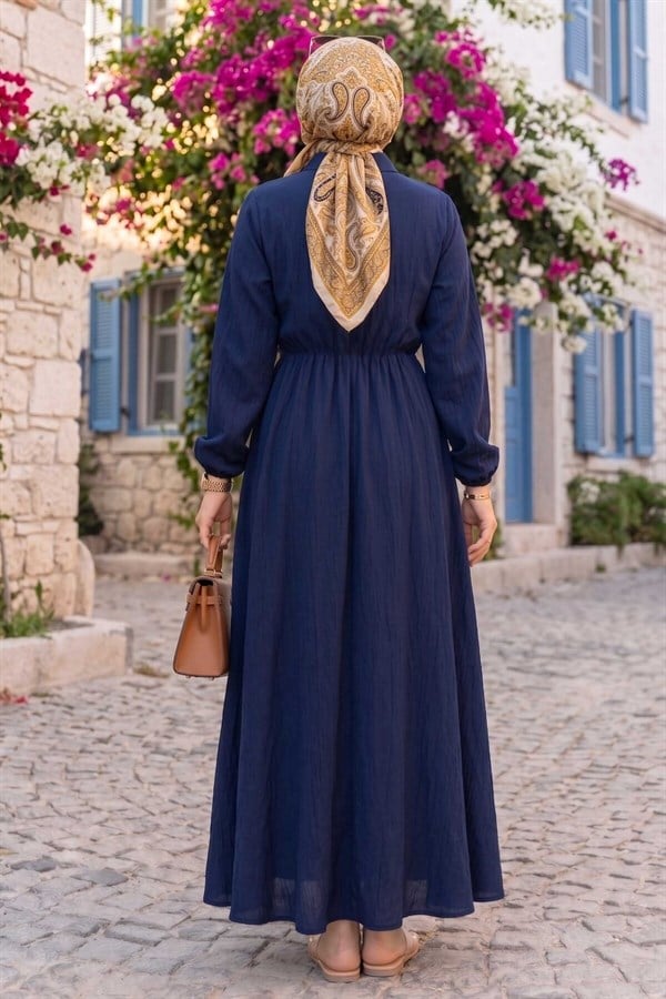 Navy Blue Side-Tie Modest Dress with Gold Brooch