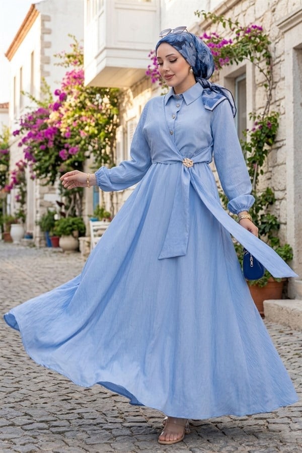 Baby Blue Side-Tie Hijab Dress with Gold Brooch