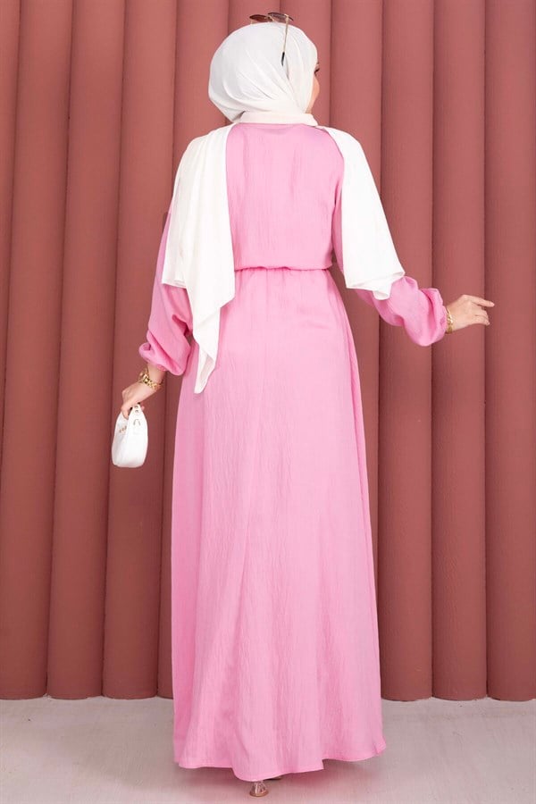 Pink Side-Tie Hijab Dress with Gold Brooch