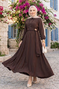 Side-Tie Hijab Dress with Gold Brooch, Dark Brown