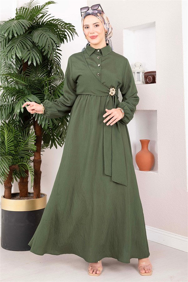 Khaki Side-Tie Hijab Dress with Gold Brooch