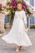 Side-Tie Hijab Dress with Gold Brooch, Ecru