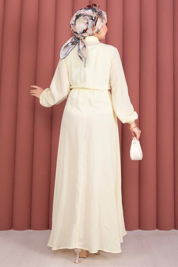 Yellow Side-Tie Hijab Dress with Gold Brooch