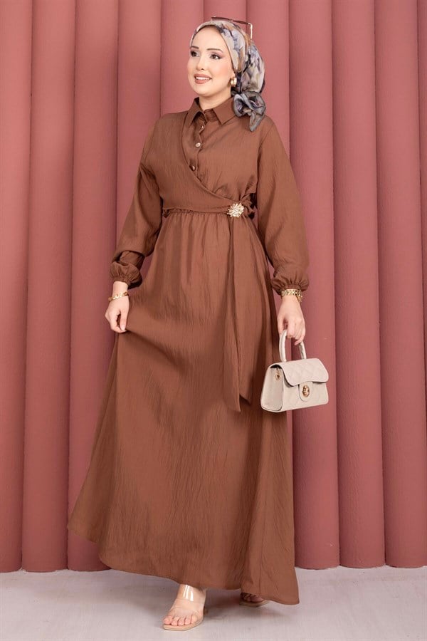 Side-Tie Modest Dress with Gold Brooch, Brown