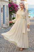 Yellow Side-Tie Hijab Dress with Gold Brooch