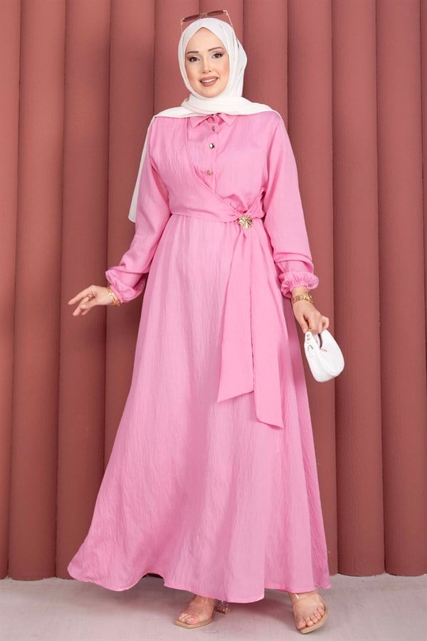Pink Side-Tie Hijab Dress with Gold Brooch
