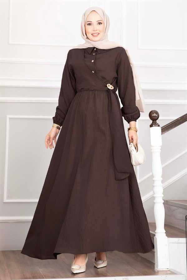 Side-Tie Hijab Dress with Gold Brooch, Dark Brown