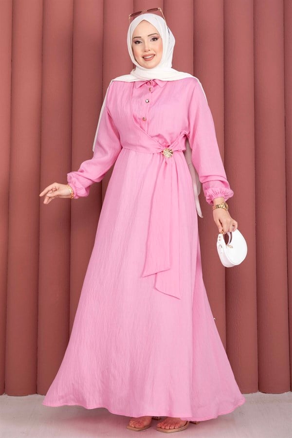 Pink Side-Tie Hijab Dress with Gold Brooch