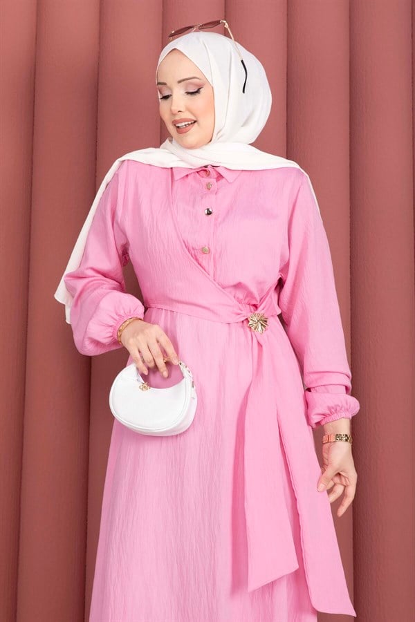 Pink Side-Tie Hijab Dress with Gold Brooch