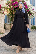 Black Side-Tie Hijab Dress with Gold Brooch