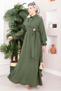 Khaki Side-Tie Hijab Dress with Gold Brooch