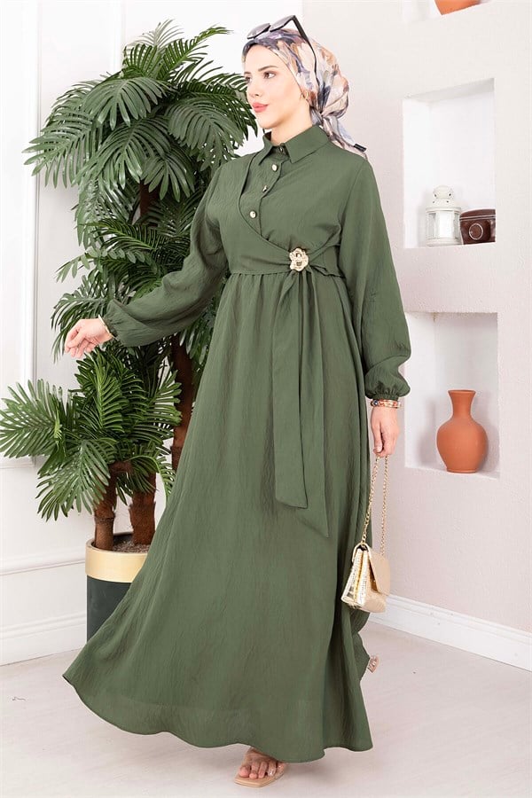 Khaki Side-Tie Hijab Dress with Gold Brooch