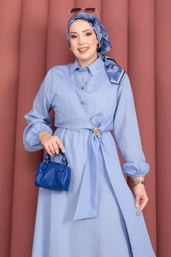 Baby Blue Side-Tie Hijab Dress with Gold Brooch