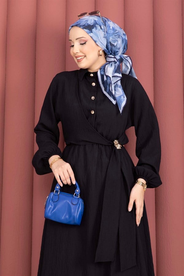 Black Side-Tie Hijab Dress with Gold Brooch