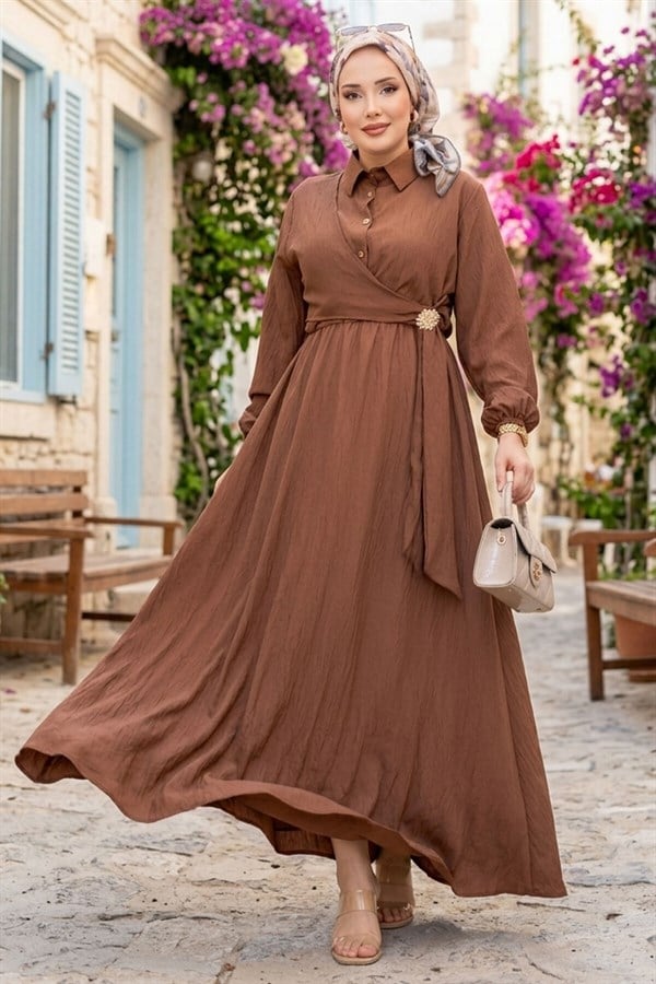 Side-Tie Modest Dress with Gold Brooch, Brown