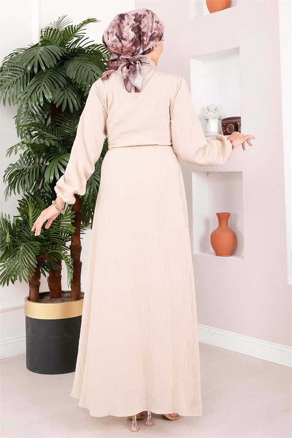 Beige Side-Tie Hijab Dress with Gold Brooch