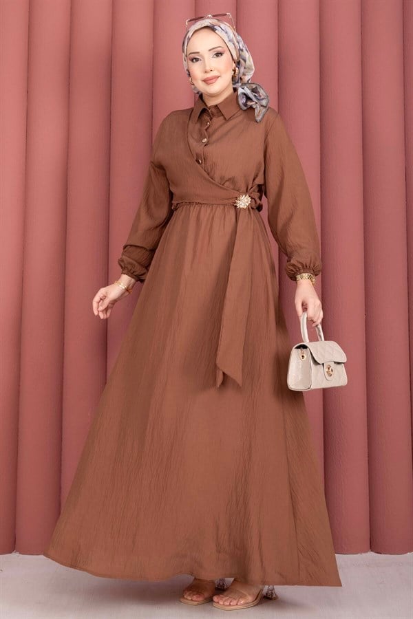 Side-Tie Modest Dress with Gold Brooch, Brown