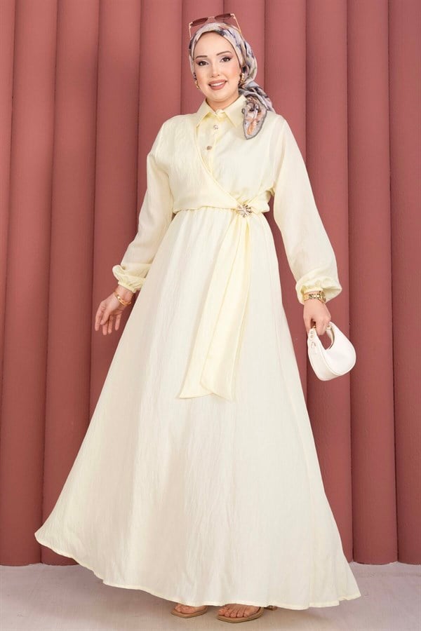 Yellow Side-Tie Hijab Dress with Gold Brooch