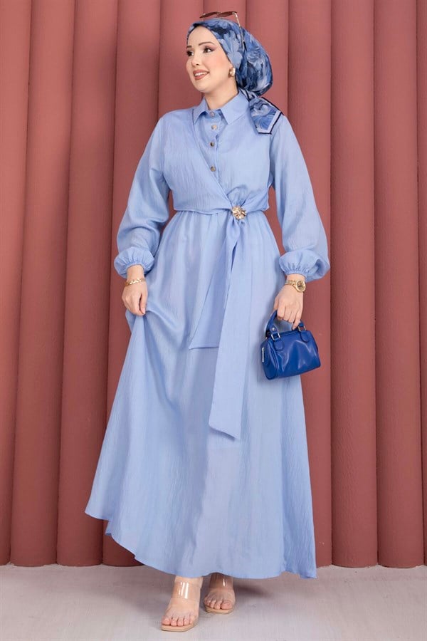 Baby Blue Side-Tie Hijab Dress with Gold Brooch