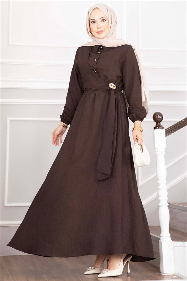 Side-Tie Hijab Dress with Gold Brooch, Dark Brown