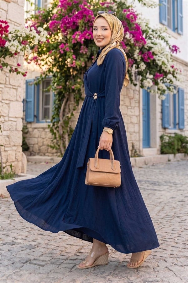 Navy Blue Side-Tie Modest Dress with Gold Brooch