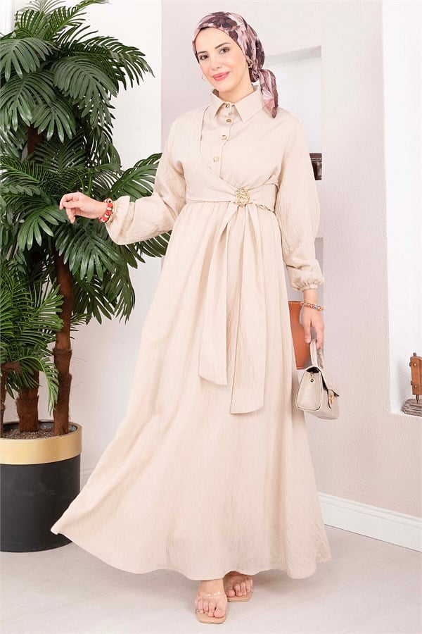Beige Side-Tie Hijab Dress with Gold Brooch