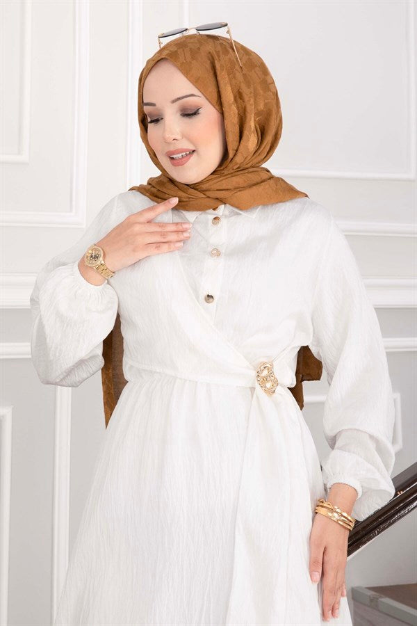 Side-Tie Hijab Dress with Gold Brooch, Ecru