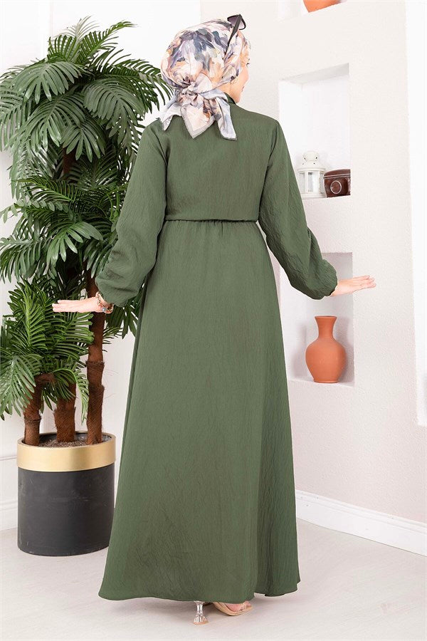 Khaki Side-Tie Hijab Dress with Gold Brooch