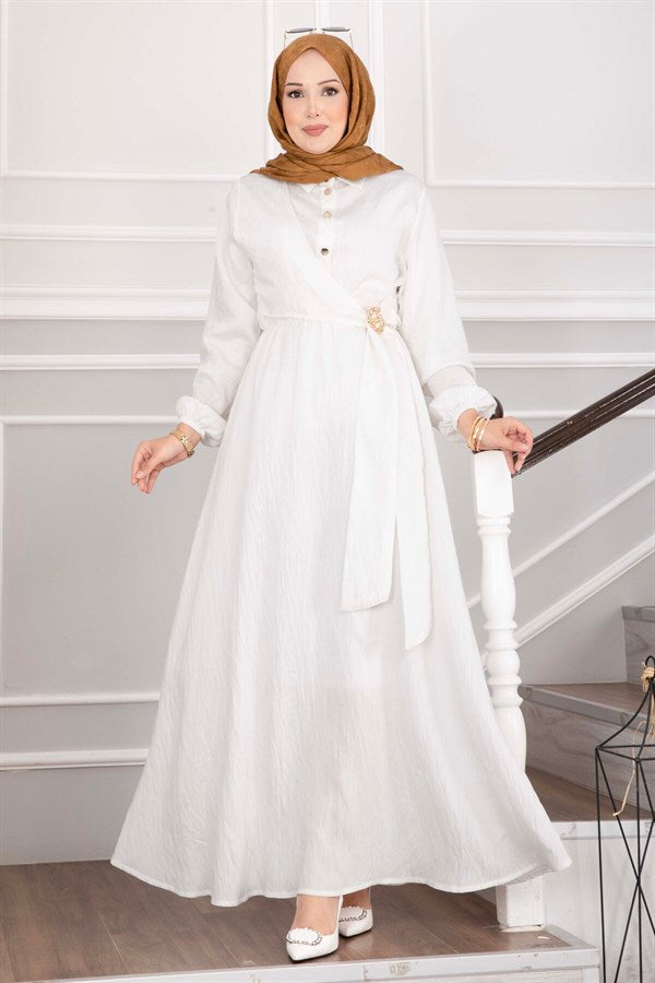 Side-Tie Hijab Dress with Gold Brooch, Ecru