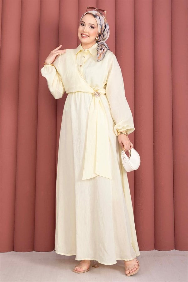 Yellow Side-Tie Hijab Dress with Gold Brooch