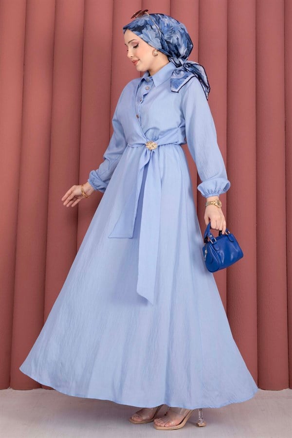 Baby Blue Side-Tie Hijab Dress with Gold Brooch