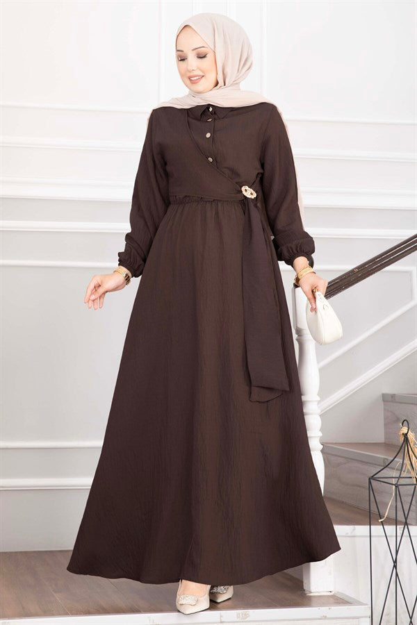 Side-Tie Hijab Dress with Gold Brooch, Dark Brown