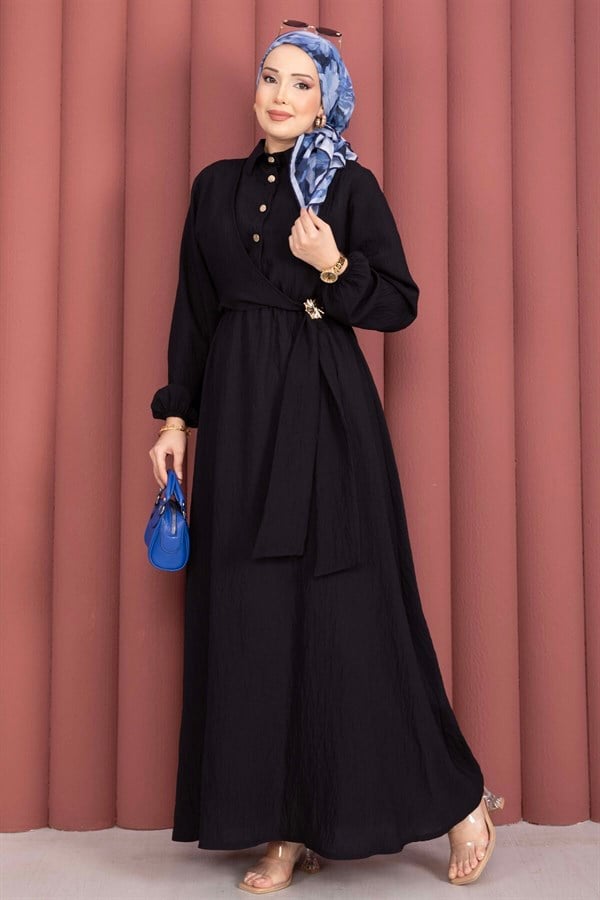 Black Side-Tie Hijab Dress with Gold Brooch