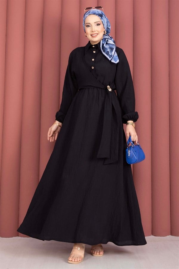 Black Side-Tie Hijab Dress with Gold Brooch