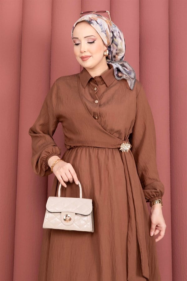 Side-Tie Modest Dress with Gold Brooch, Brown