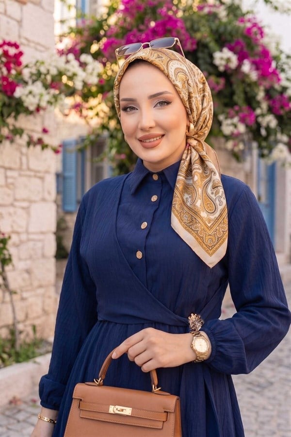 Navy Blue Side-Tie Modest Dress with Gold Brooch