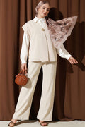 2 Piece Set with Vest and Gold Brooch, Beige