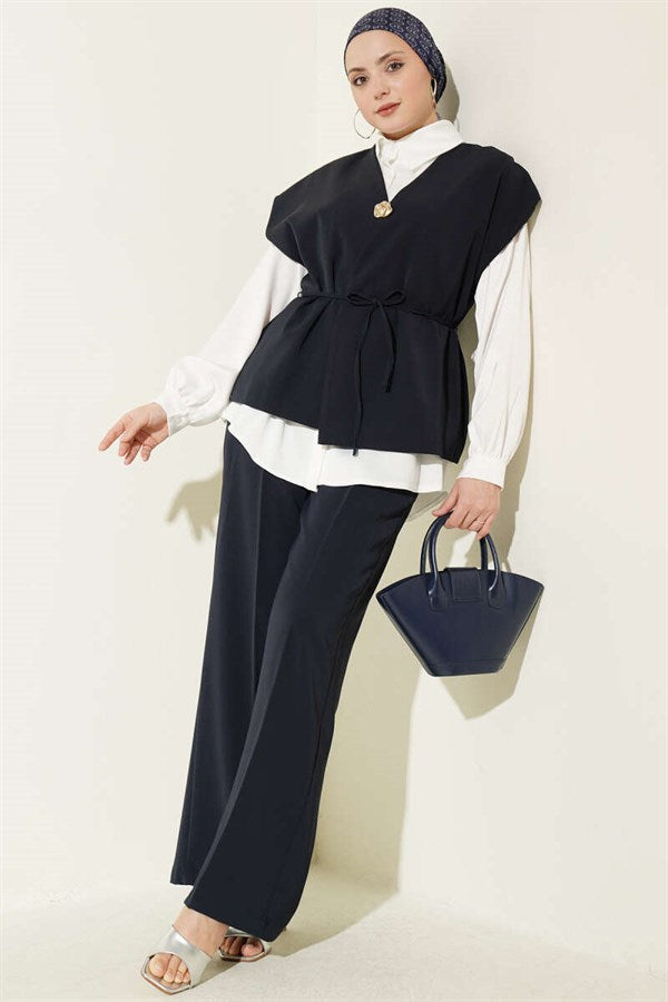 2 Piece Set with Vest and Gold Brooch, Navy Blue