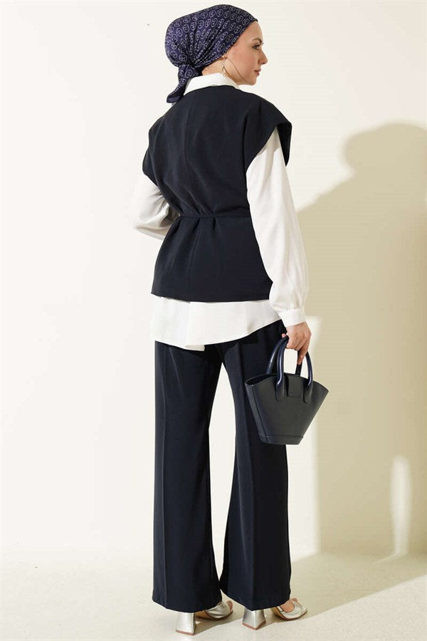 2 Piece Set with Vest and Gold Brooch, Navy Blue