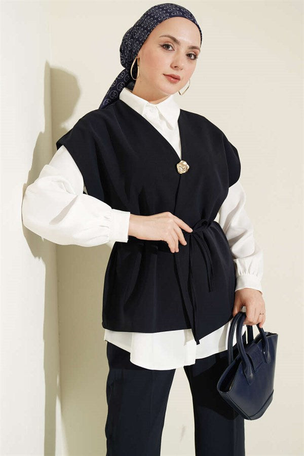 2 Piece Set with Vest and Gold Brooch, Navy Blue