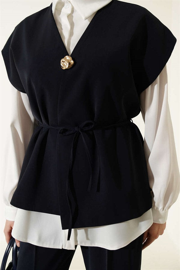 2 Piece Set with Vest and Gold Brooch, Navy Blue
