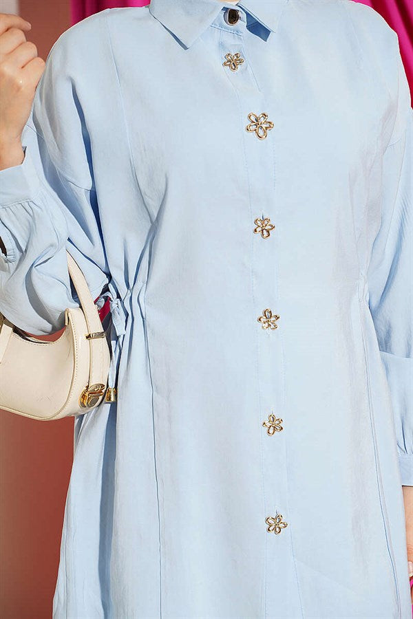 Gold Flower Buttoned Side Tunnel 2 Piece Set in Blue