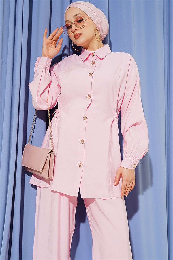 Gold Flower Buttoned Side Tunnel 2 Piece Set in Pink