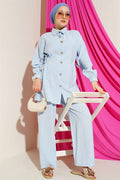 Gold Flower Buttoned Side Tunnel 2 Piece Set in Blue