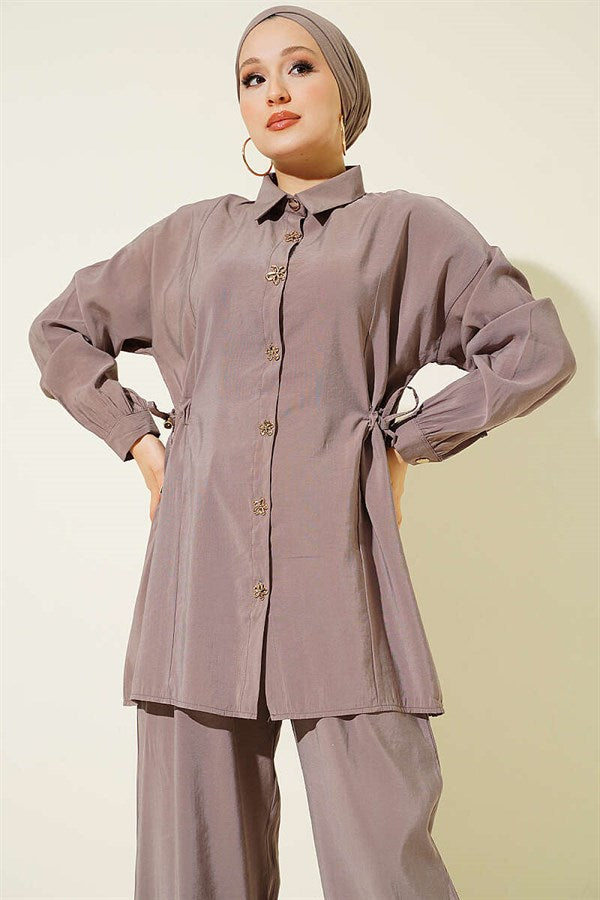 Gold Flower Buttoned Side Tunnel 2 Piece Set in Mink Color