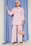 Gold Flower Buttoned Side Tunnel 2 Piece Set in Pink