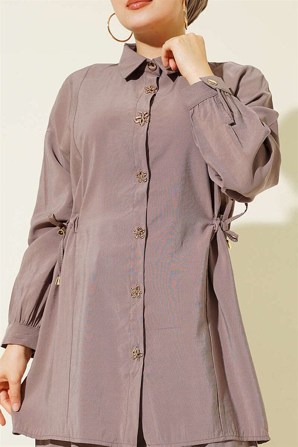 Gold Flower Buttoned Side Tunnel 2 Piece Set in Mink Color