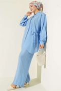 Gold Detailed 2 Piece Set with Tie, Baby Blue