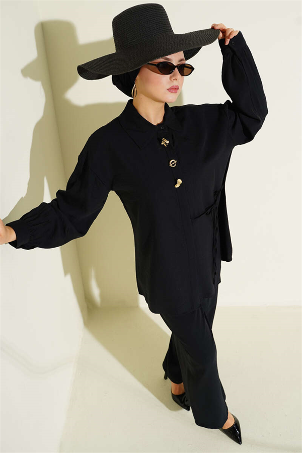 Gold Detailed 2 Piece Set with Tie, Black